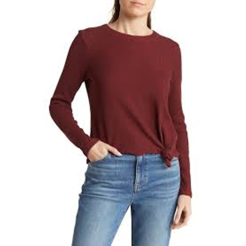 Madewell Waffle Knit Elwood Knot Front Top In Burgundy Women's S‎